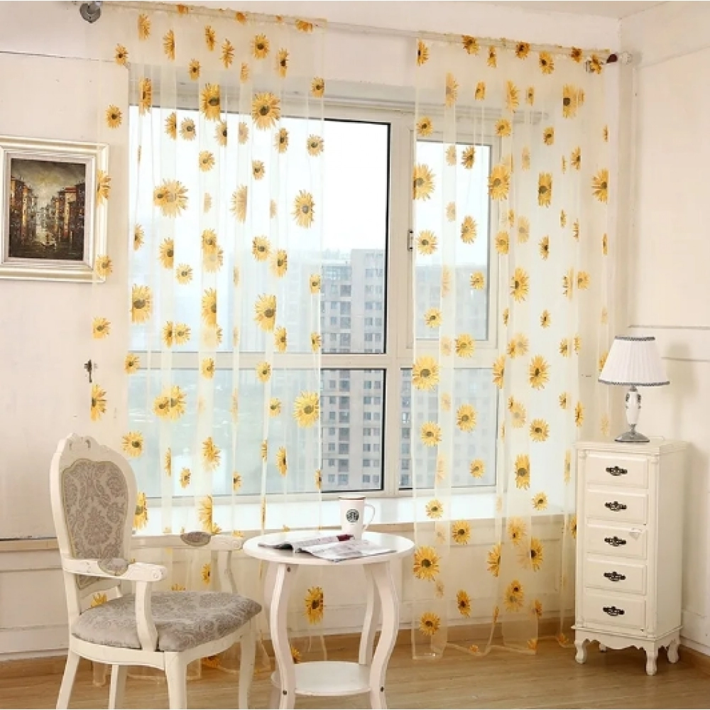 Sun Flower Tulle Curtains for Living Room Bedroom Kitchen Yellow Floral Voile Sheer Curtains for Window Treatment Drapes Blinds