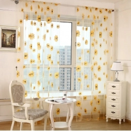 Sun Flower Tulle Curtains for Living Room Bedroom Kitchen Yellow Floral Voile Sheer Curtains for Window Treatment Drapes Blinds